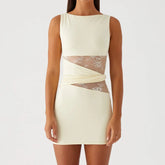 BXOXO Women Sexy Lace Patchwork Mini Dress Sleeveless Slim Fit Cut Out Short Dress Y2K Elegant Cocktail Party Sundress